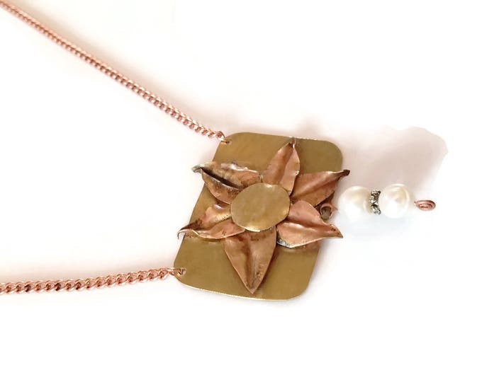 Brass Flower Pendant, Brass and Freshwater Pearl Necklace, Flower Necklace, Genuine Pearl Pendant, Unique Birthday Gift, N018
