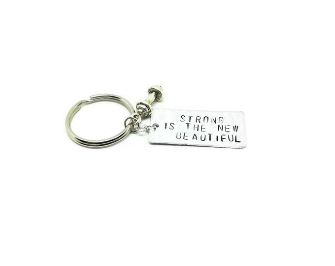 Strong is the New Beautiful Hand Stamped Key Chain, Crossfit Gift, Workout Gift, Fitness Gift, Dumbbell Charm, Gift for Her