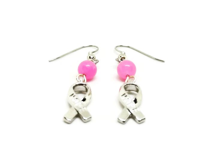 Breast Cancer Awareness Earrings, Pink Ribbon Jewelry, Awareness Ribbon Jewelry, Cancer Awareness, Hope Charm Earrings, Gift for Her