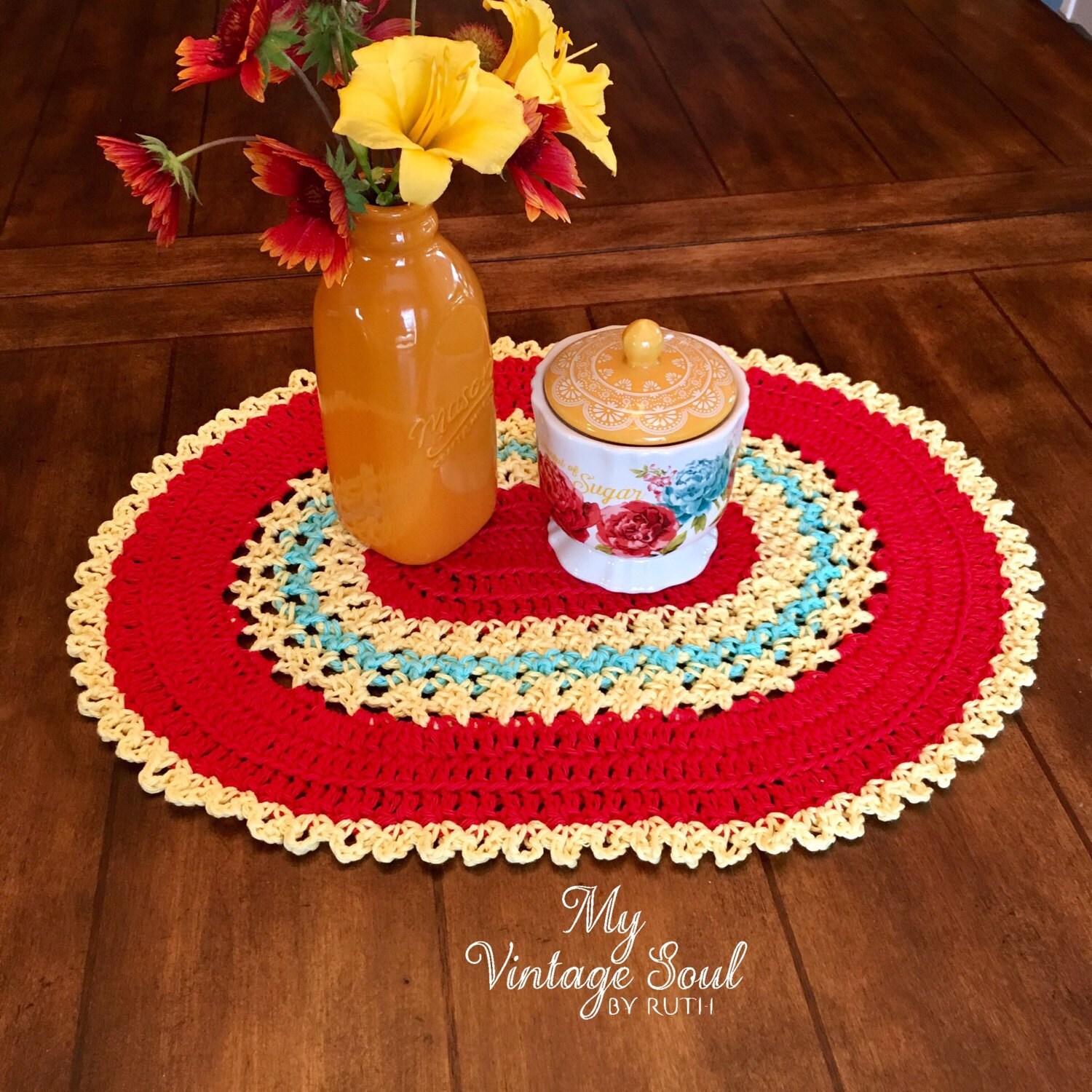 Placemat Set of 4 Red and Yellow Doily Crochet Table Decor