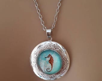 Lovely silver seahorse locket pendant necklace