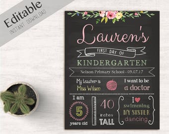 First Day of School Sign Editable, First day of school chalkboard, DIY, Chalkboard Sign, Kindergarten, grade, Flower sign, INSTANT DOWNLOAD