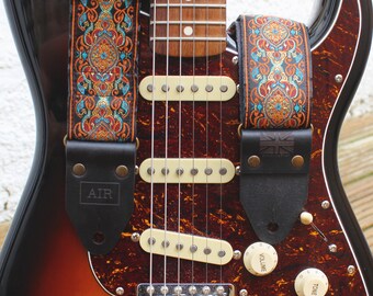 The Limited Edition "Eastern Ember" Air Guitar Strap, Woven, Thick Leather Ends, Personalisation, Custom Engraving and Logo Options