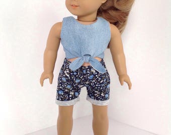 18" doll clothes, 2pc Outfit, Blue Floral Cuffed Shorts, 18 inch doll clothes, handmade to fit like american girl doll clothes