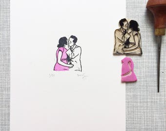 Kiss 'limited edition handprinted linoprint'