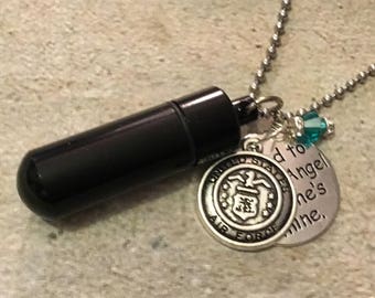 AIR FORCE BLACK Necklace Cremation Urn. Military Urn, Personalized with Birthstone and memorial charm, Keepsake urn, Cremation Jewelry