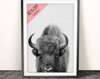 Buffalo Print, Bison Wall Art, Nursery Decor, Kids Room Poster, Black and White, Modern Minimal, Digital Download, Boys Room Art