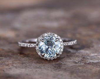 7mm Round Cut Aquamarine Engagement ring,925 sterling silver wedding band,prong CZ Bridal ring,Halo,half eternity,white gold plated,pave set