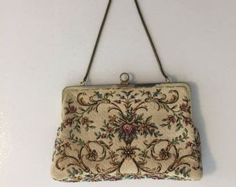 Walborg West German Tapestry Minaudiere Purse, Cream Pink Floral Rose, Petit Point Bag, Metal Chain, Clutch Purse