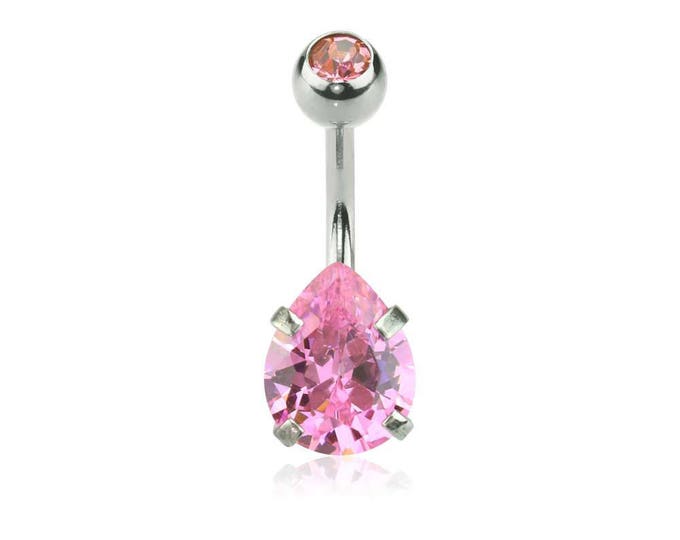 Double Gem Prong Set Tear Drop CZ 316L Surgical Steel Navel Ring