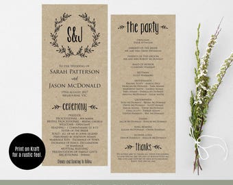 Printable Wedding Program, Wreath Ceremony Program Template, Rustic Wedding Program, Instant Download, PDF, WLP348