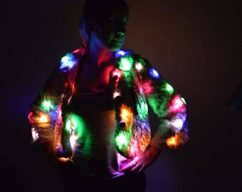 Light Up white fake fur coat, faux fur jacket M, vegan fur, funky festival wear, bohemian LED fur coat, Burning Man Playa gear, cosplay fur