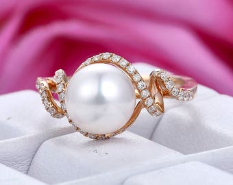 akoya pearl engagement ring14k rose gold bridal wedding ringbirthday giftanniversarystacking - Pearl Wedding Ring Sets akoya pearl engagement ring14k rose gold bridal wedding ringbirthday giftanniversarystacking - Pearl Wedding Ring Sets