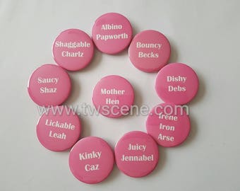 Pack of 9 personalised hen party badges