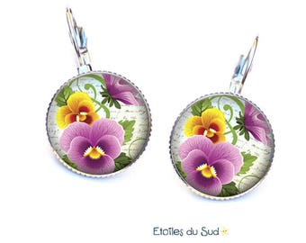 Purple yellow pansies Flower Earrings, resin cabochon
