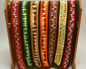 Vintage Crocheted Afghan ⎮ 1970s Handmade Blanket ⎮ Multi-colored Striped Scalloped Afghan