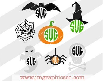 Halloween Monograms svg, dxf, png, cricut, cameo, scan N cut, cut file, Bat svg, Witch svg, Pumpkin svg, Ghost svg, Spider svg, Skull svg