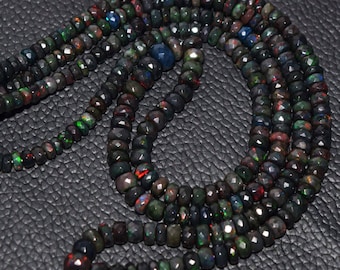 Natural Wello Black Opal Multi Fire Ethiopian Black Opal Faceted Rondelle Beads High Quality 6.5 - 3.5 MM Size 10 Inches Strand