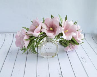 Floral Crown Pink Hollyhock Eucalyptus- OOAK - Handmade Flowers Headband- Headpiece Bridal Flower Crown Wedding Pink Flower Hair Accessories