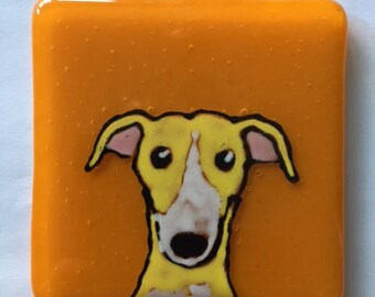 Frank the Greyhound Fused glass coaster