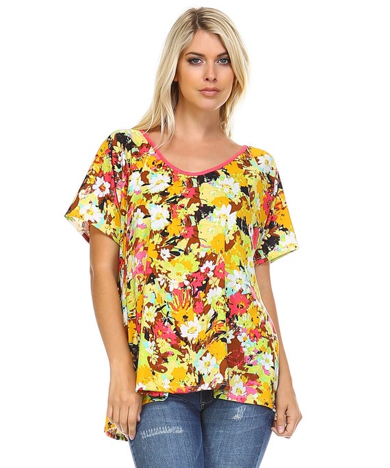Yellow Flower Print Scoop Neck Tunic Top Gifts For Her Size