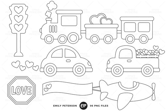 Valentine's Day Digital Stamps Truck Line Art Car Clip