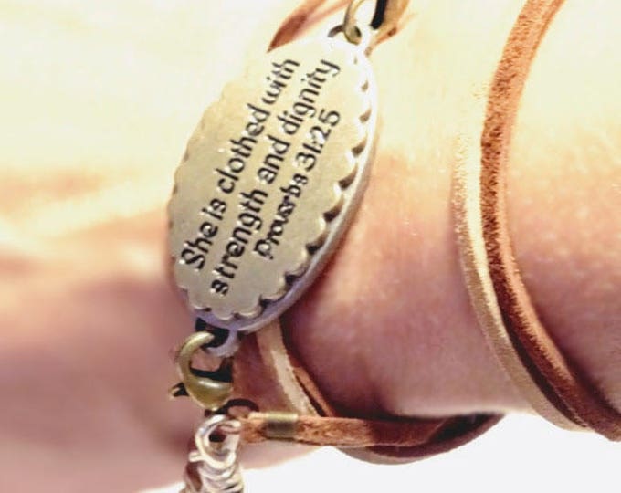 Strappy bracelet Proverbs 31:25 Medallion Brown beach glass charm with tan and brown leather laces and lobster claw closures