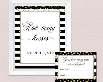 How many kisses in the jar, Black and White Stripes How Many Kisses, Bridal Shower Game, how many kisses sign, INSTANT DOWNLOAD pdf BL1