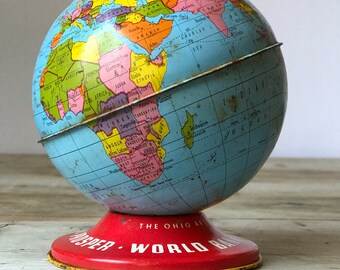 Vintage World Globe Bank, Ohio Art Co. tin globe bank
