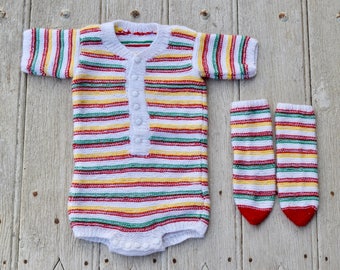 70's 80's / baby / bodie short sleeves and matching socks / handmade knit / white striped red green yellow