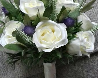 Scottish thistle, heather & rose hand tied wedding bouquet, teardrop bouquet bride, bridesmaid, flowergirl. Hand made in Scotland.