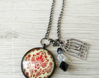Red lily flower Cabochon necklace