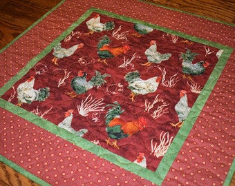 Chicken Table Topper, Rooster Table Topper, Quilted Table Topper, Rust and Green Table Topper, Chicken Table Runner, Rooster Table Runner