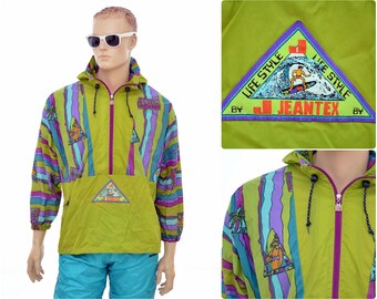 vintage 80s 90s RAIN JACKET by JEANTEX / retro windbreaker cagoule pull-over unisex womens Large / mens size S-M / nylon neon / life style