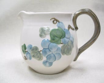 Large Ceramic Stoneware Decorative Beige Pitcher Embossed Grapes Leaves Vine