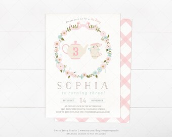 Tea Party Birthday Invitation Card - DIY Printable Digital File - Girls Tea Party - Photo Invitation, Baby Flower Wreath