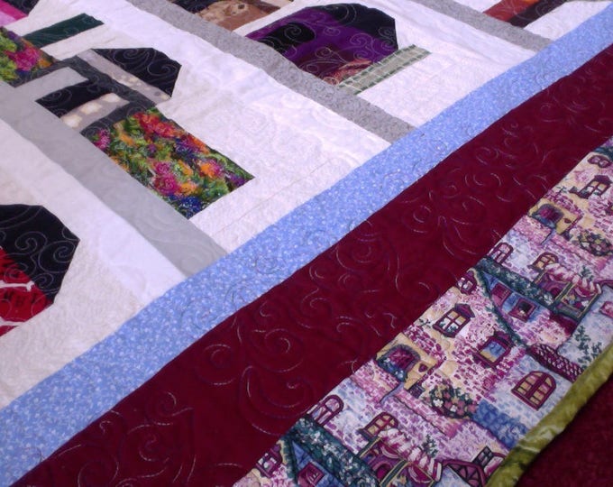 House Quilt, My Neighborhood Quilt, Patchwork Quilt, Throw Quilt, Lap Quilt, Burgundy, White and Grey Quilt, Home Decor, Wedding Gift Quilt