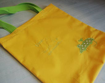 Tote bag, Sunshine yellow 100% cotton tote bag embroidered green mouse