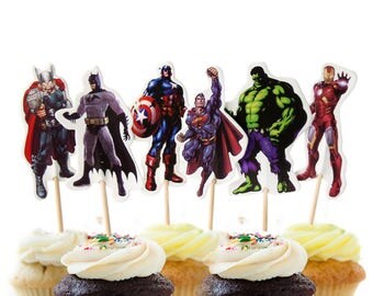 12 The Avengers Cupcake Toppers, 12 count Cake Toppers, Superheroes, Captain America, Hulk, Iron Man, Thor, Batman, Superman Cake Toppers
