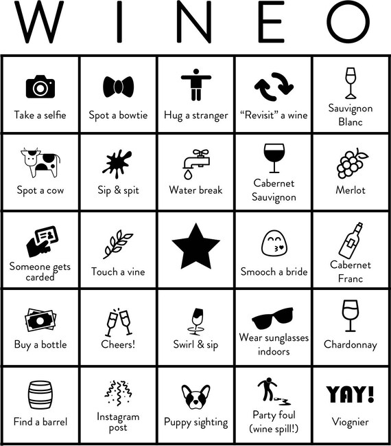 Wine tasting bridal shower printable bingo card