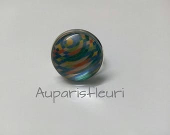 Silver Adjustable ring, multicolor pattern