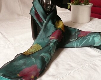 Veil with flowers silk scarf, lined with turquoise silk