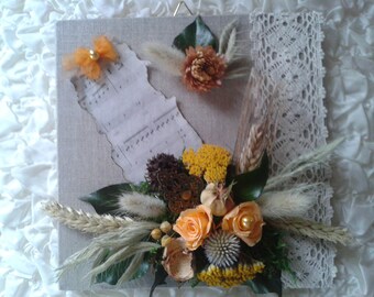Decorative wall floral painting salmon and cream handmade composition on linen, perennial flowers