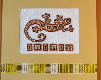 Hand embroidered card: Gecko ethnic African style