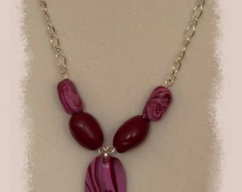 Pink marbled polymer Garnet pendant necklace