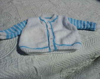 3 MONTH CARDIGAN HAND KNITTED WHITE AND BLUE
