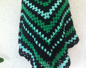 Large green and black acrylic crochet shawl