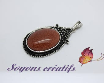 Beautiful charm pendant antiqued Silver Oval 53x30mm Brown Goldstone stone