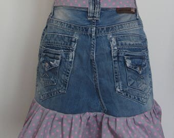 Pink kitchen apron in denim and gray polka dot fabric