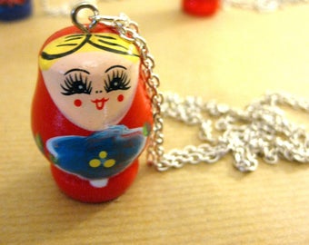 Large 2 red Russian doll necklace